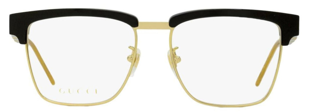 Close-up of square eyeglass frames, black front with gold-tone bridge and Gucci temples.