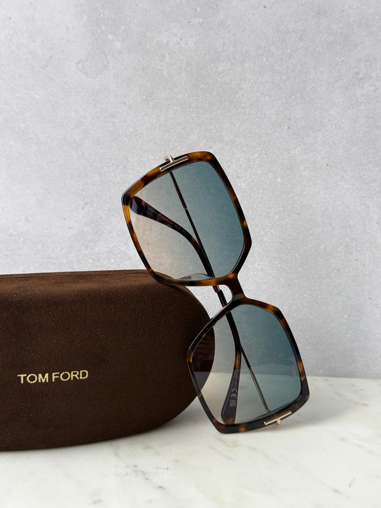 Havana brown square sunglasses with blue lenses, TOM FORD logo on temple