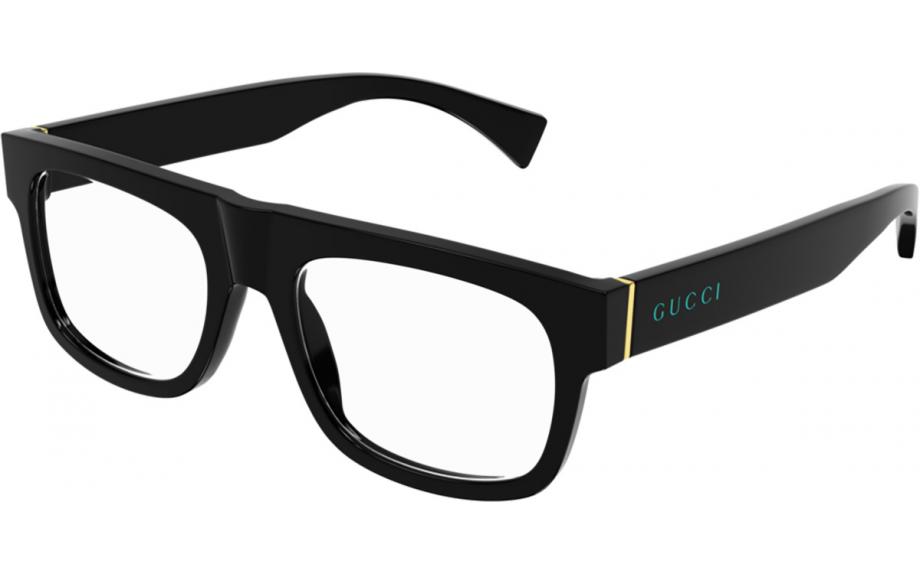Black rectangular eyeglass frames with GUCCI logo on temple