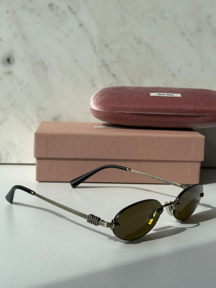 Miu Miu MU A54S Gold Brown Oval Rimless Sunglasses