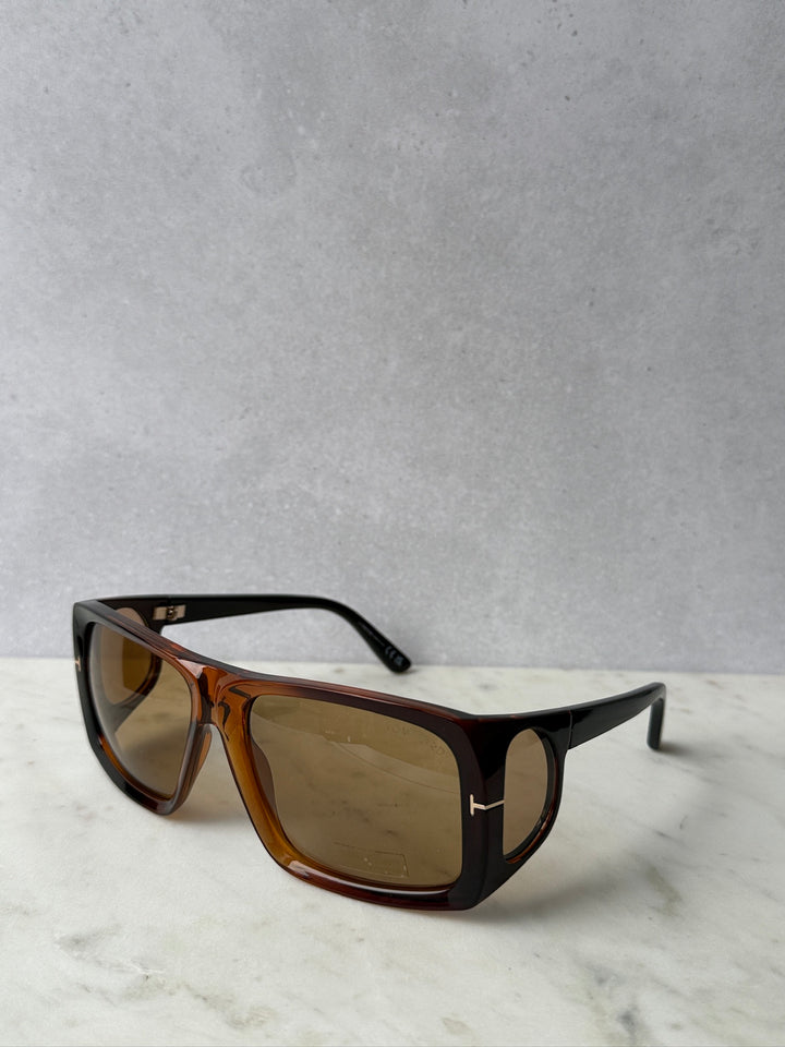 Brown tortoise rectangular sunglasses with amber lenses and black temples