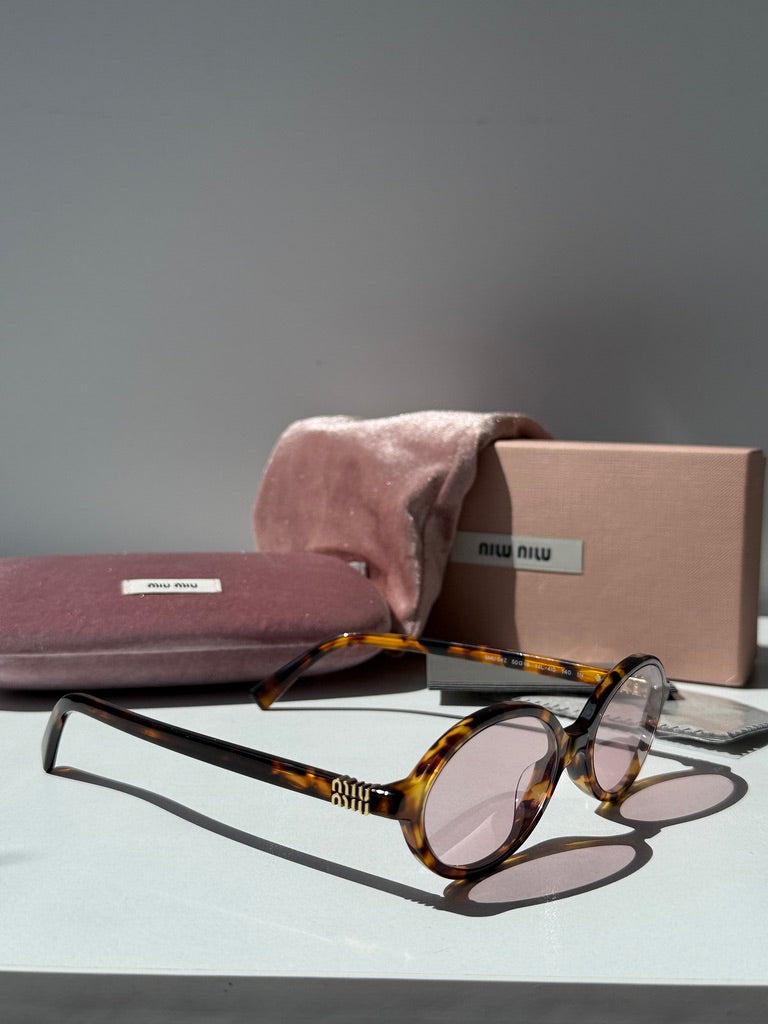Miu Miu MU04ZS Honey Havana Light Pink Oval Sunglasses – Designer