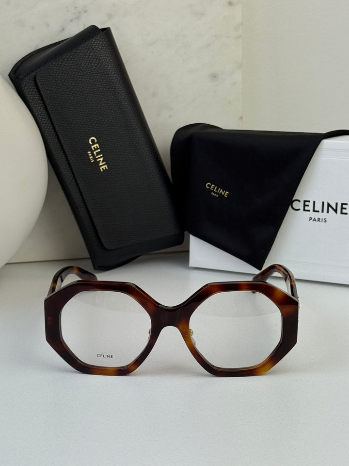 Celine CL50161F Triomphe Angled Eyeglasses Frames in Havana Brown