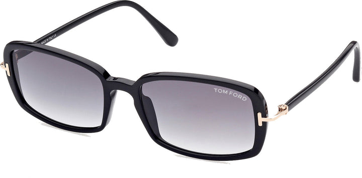 Tom Ford Bonham black rectangular sunglasses with gold hinge and logo on lens
