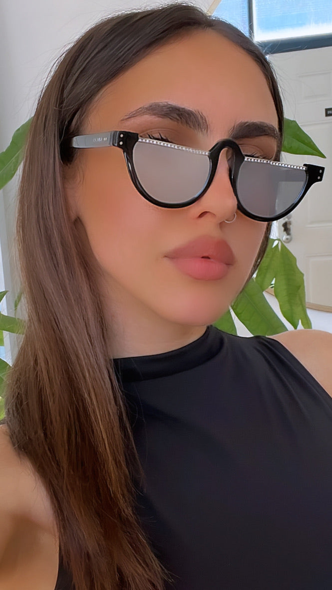 Gucci GG1368S Half Rim Crystal Black Silver Sunglasses