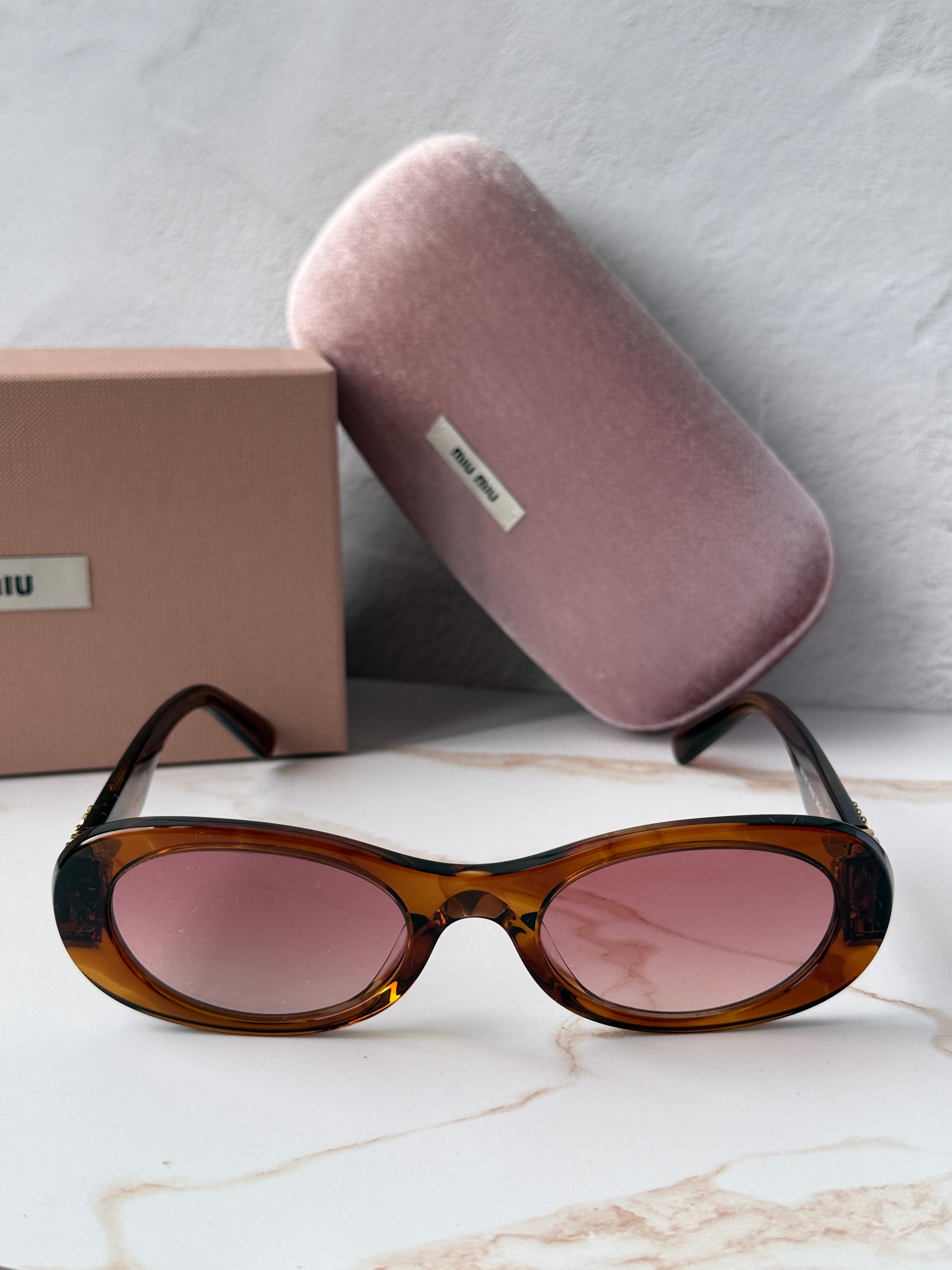 Miu Miu MU06ZS Tobacco Brown Red Oval Sunglasses | Designer Daydream