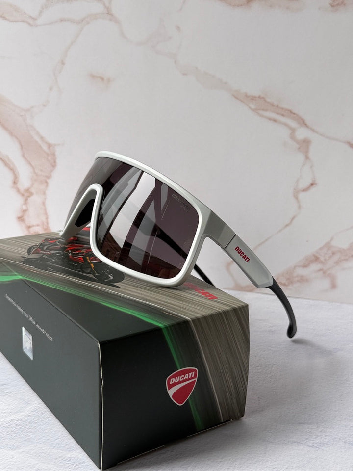 Ducatti 017/S mask sunglasses, white front with dark lenses and curved arms