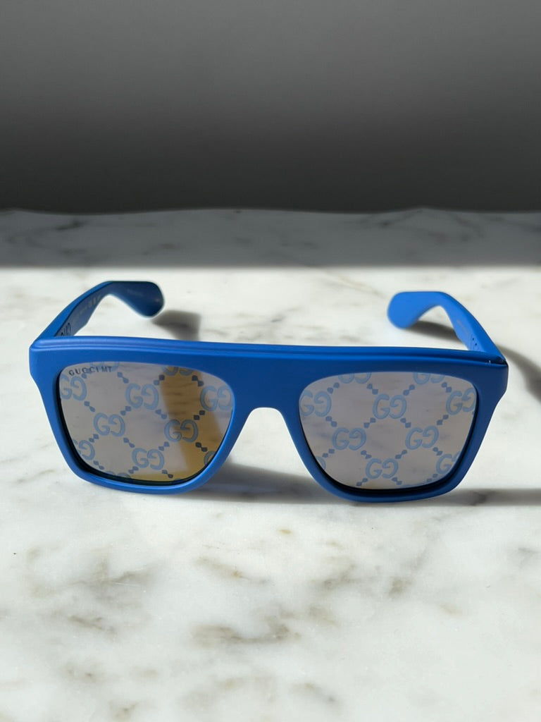 Gucci GG1570S Flat Top Sunglasses in Blue Logo Mirror – Designer