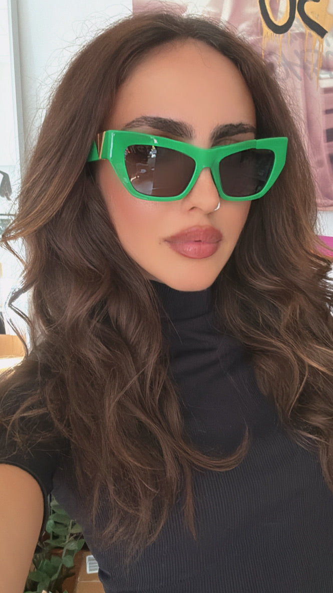 Green cat-eye sunglasses with dark lenses, gold-tone logo detail, BV1177S