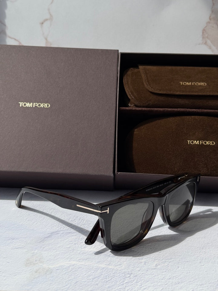 Square clip-on sunglasses with dark frames and gray tinted lenses