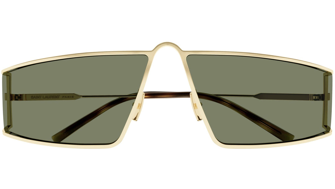 Gold metal sunglasses with dark green lenses, full front view