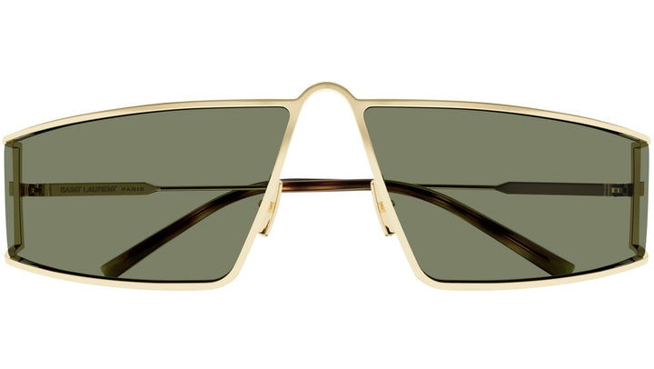 Gold metal sunglasses with dark green lenses, full front view
