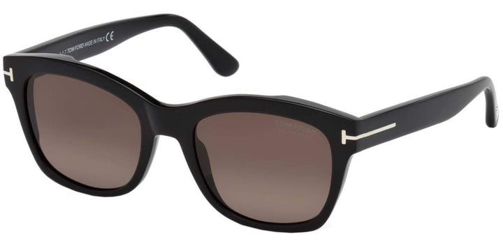 Polarized black sunglasses angled view, square-lens frames with brown tinted lenses and logo detail