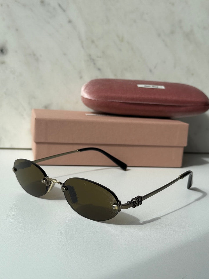Miu Miu MU A54S Gold Brown Oval Rimless Sunglasses