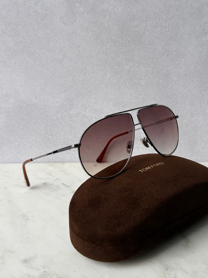Ruthenium brown aviator sunglasses with burgundy lenses, side view