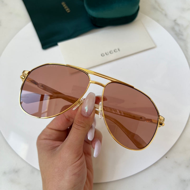 Gucci GG1220S Gold Pink Lens Aviator Sunglasses