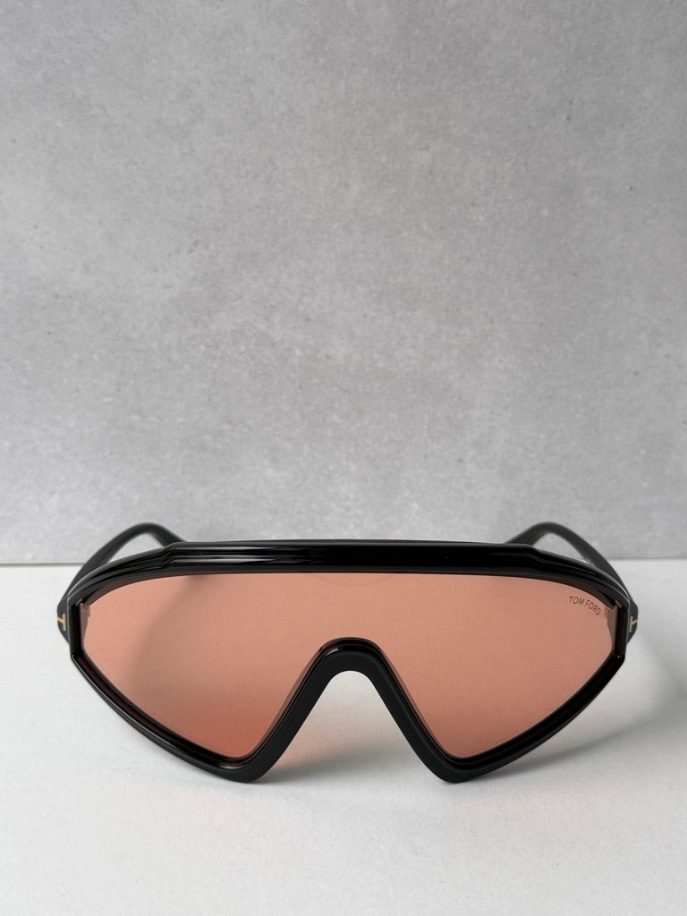 Black sunglasses with orange-tinted lenses, front view