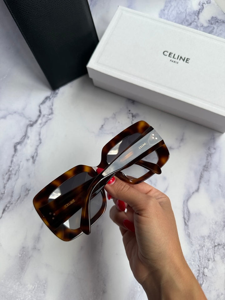 Celine square sunglasses in Havana brown with dark lenses and red detail