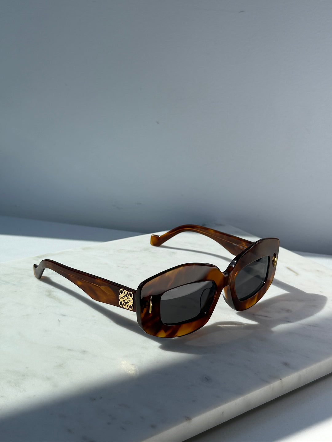 Loewe Havana brown anagram sunglasses with dark lenses, side view with logo detail