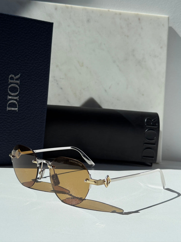 Dior CD Diamond R5U Rimless Round Sunglasses in Brown