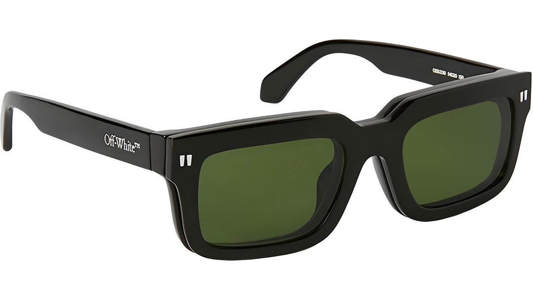 Clip-on sunglasses, black frames with dark green lenses, three-quarter front