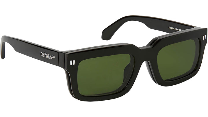 Clip-on sunglasses, black frames with dark green lenses, three-quarter front