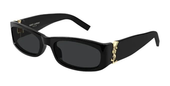 Black rectangular sunglasses with dark lenses and gold hinge detail