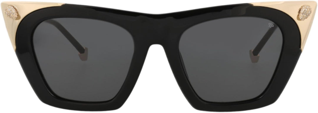 Cat-eye sunglasses with black frames and dark gradient lenses