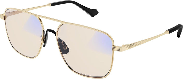 Gucci gold pilot sunglasses with photochromic lenses, side view, black bridge details