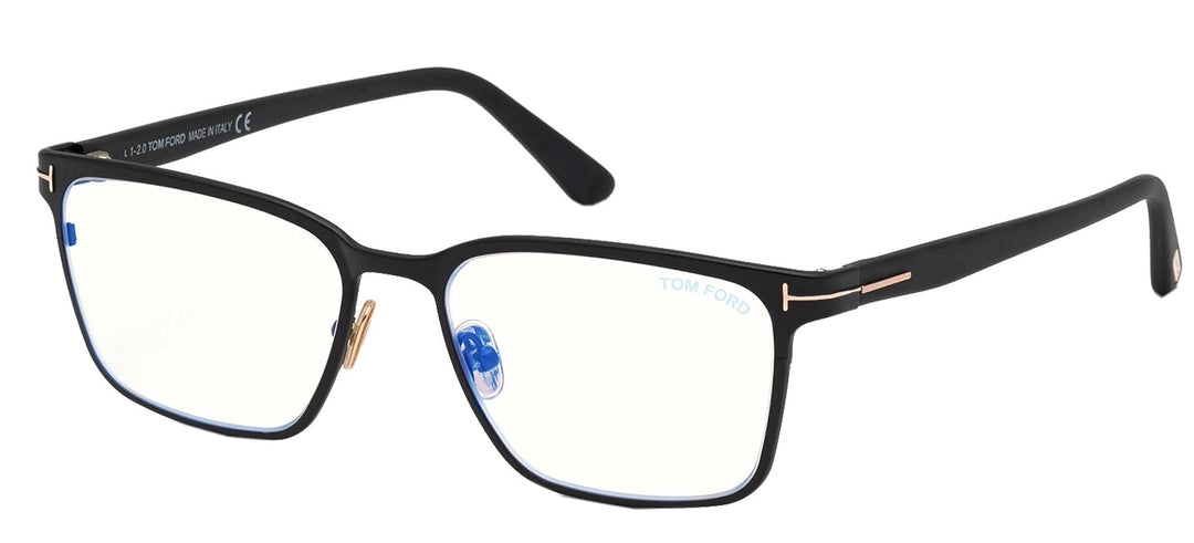 Tom Ford FT5733-B black square blue-light eyeglass frames with clear lenses and slim temples