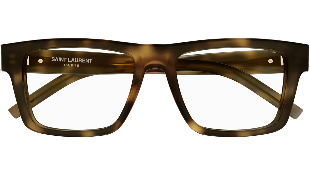Saint Laurent Havana brown front view eyeglass frames with logo on temple