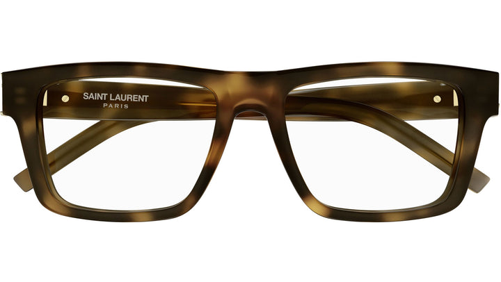 Saint Laurent Havana brown front view eyeglass frames with logo on temple