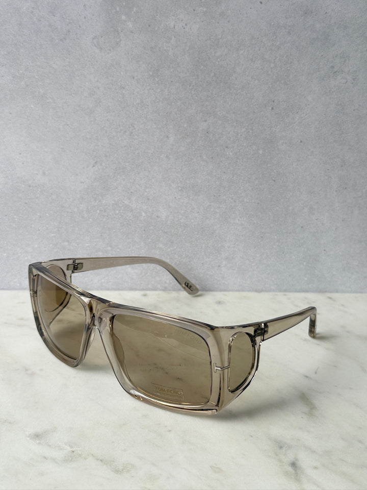 Rizzo grey rectangular sunglasses with tinted lenses, side profile
