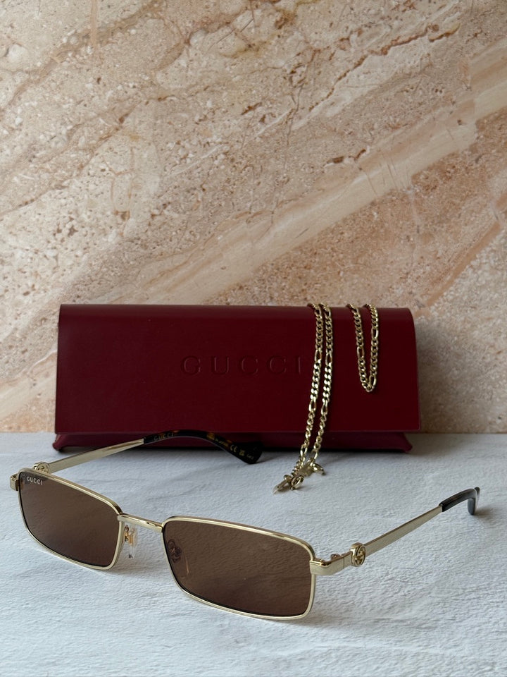Gucci GG1600S Gold Brown Chain Rectangular Sunglasses