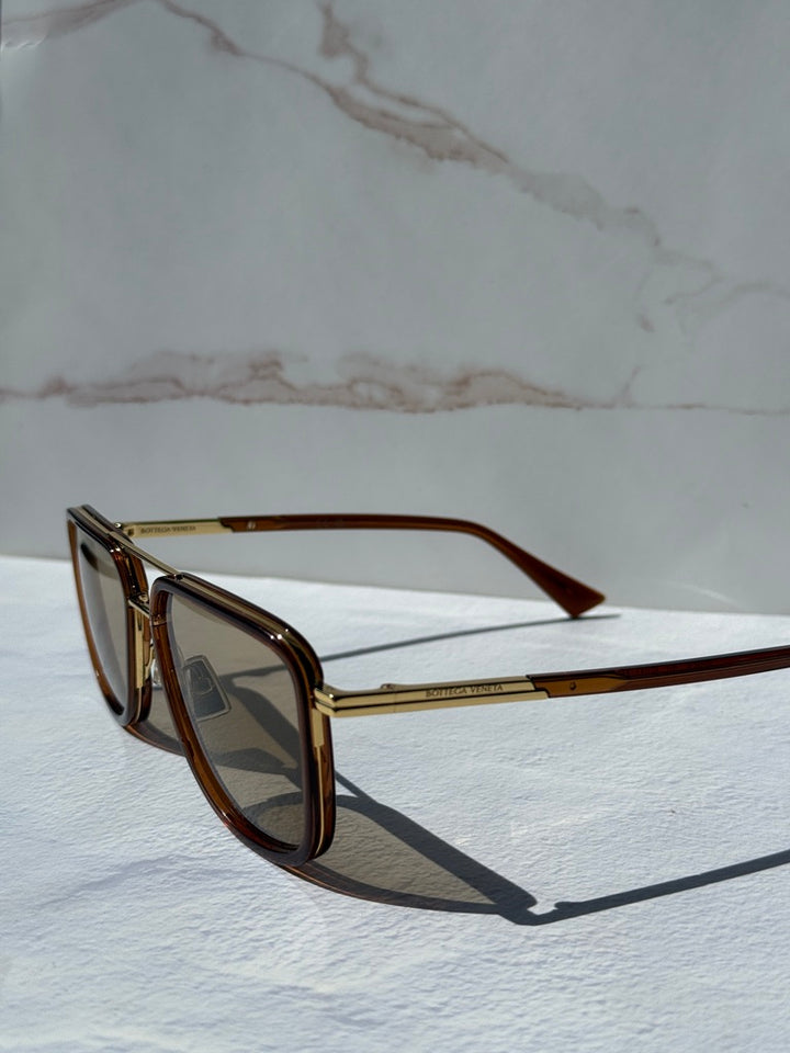 Bottega Veneta BV1463S Squared Aviator Sunglasses in Brown Tint
