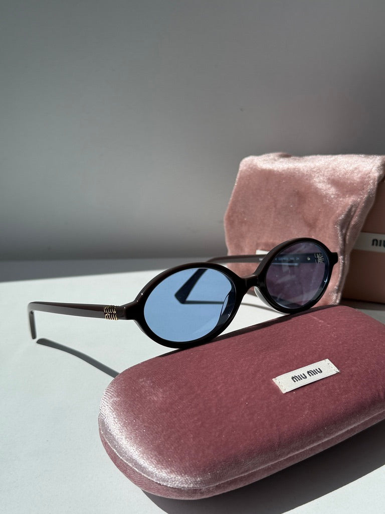 Oval dark sunglasses with blue lenses resting on maroon protective case