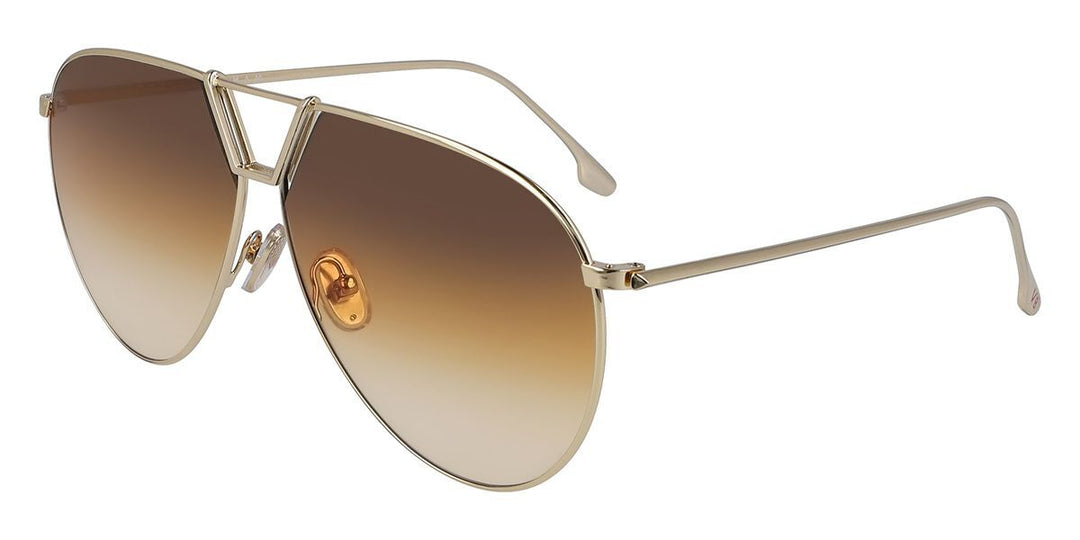 Gold-tone aviator sunglasses with brown gradient lenses and metal logo detail