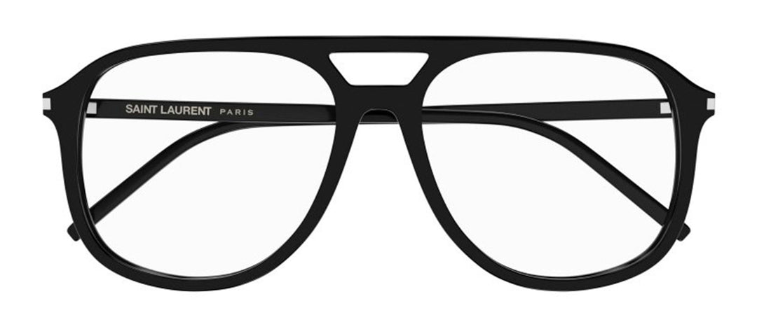 Black aviator eyeglass frames with wide lenses and logo bar on temples.