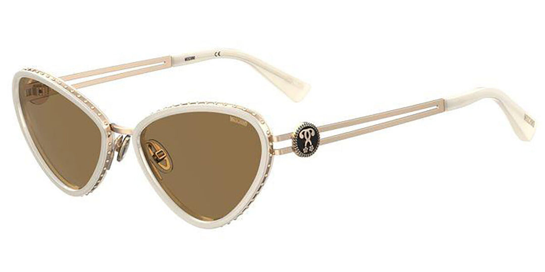 Moschino ivory metal cat-eye sunglasses, brown lenses, full frame view