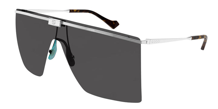Gucci rimless shielded sunglasses with silver frame and dark lenses
