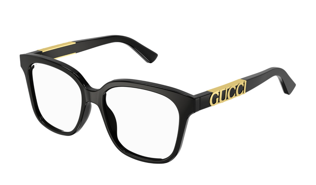 Black square eyeglasses with Gucci GG logo on temples and black full-rim frames