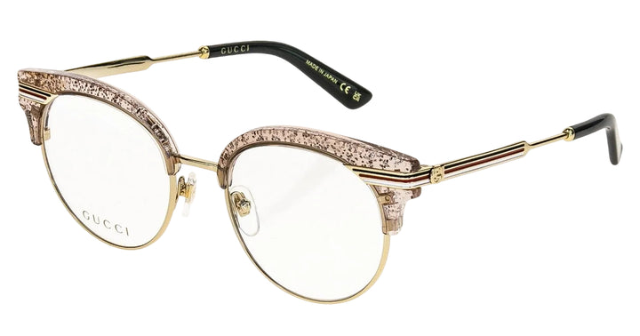 Gucci GG0285O cat-eye eyeglass frames with gold rims and pink glitter detail
