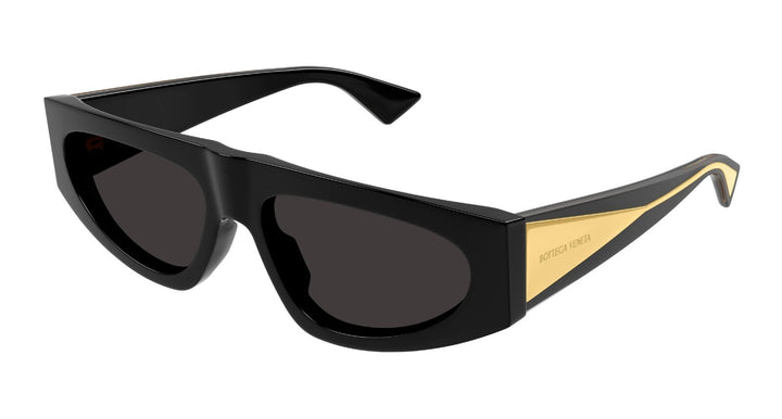 Black rectangular sunglasses with gold-tone side frame and dark lenses