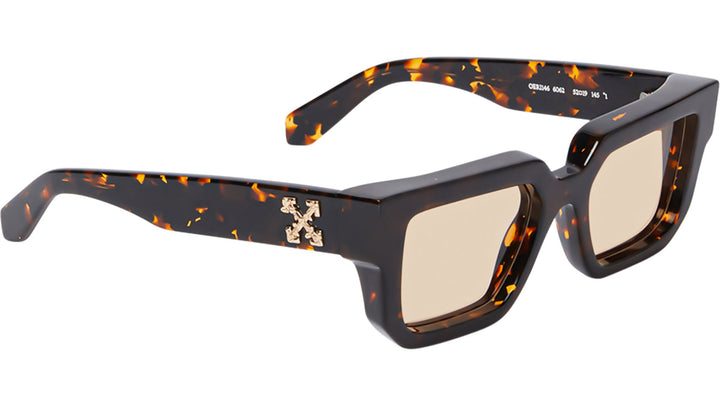 Off White Silverstone square dark tortoise sunglasses with tinted lenses and metallic logo on temple.