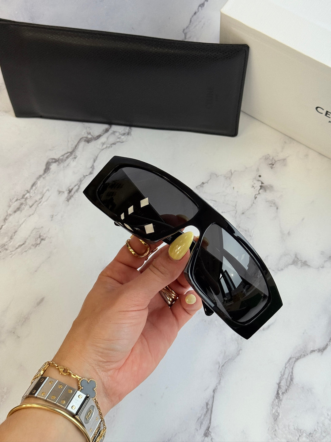 Celine black mask sunglasses, oversized shield shape with glossy frame