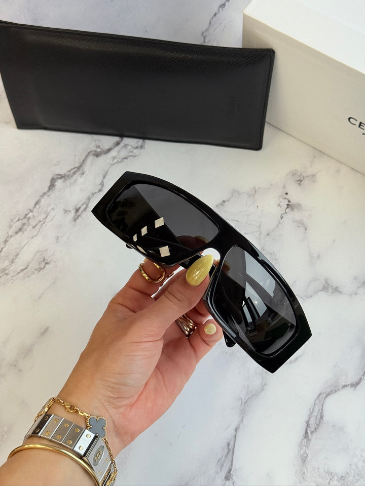 Celine black mask sunglasses, oversized shield shape with glossy frame