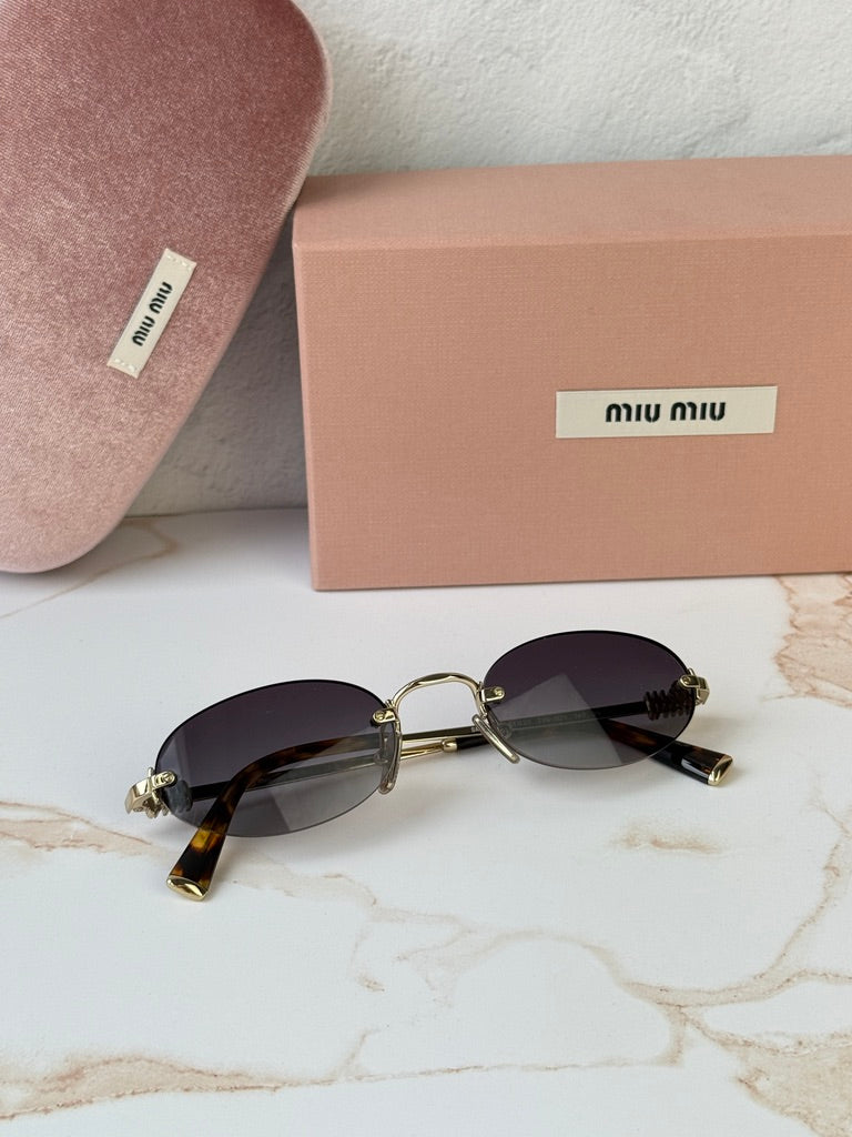 Miu Miu MU A54S Gold Grey Oval Rimless Sunglasses
