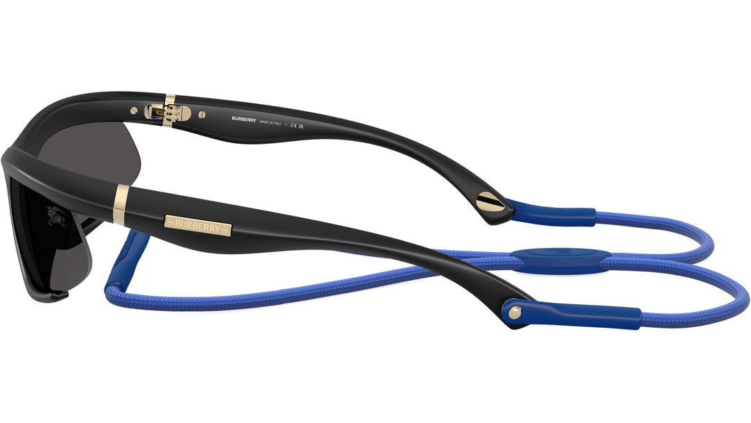 Burberry sunglasses side view with black frame and blue strap cords