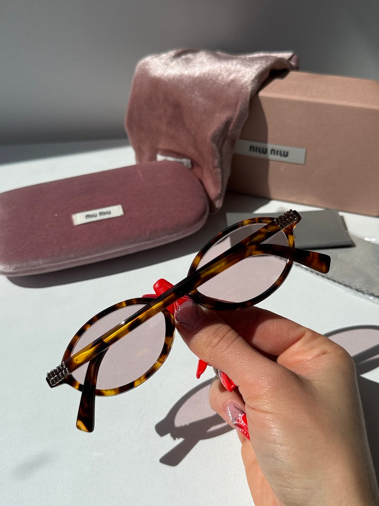 Miu Miu MU04ZS Honey Havana Light Pink Oval Sunglasses – Designer