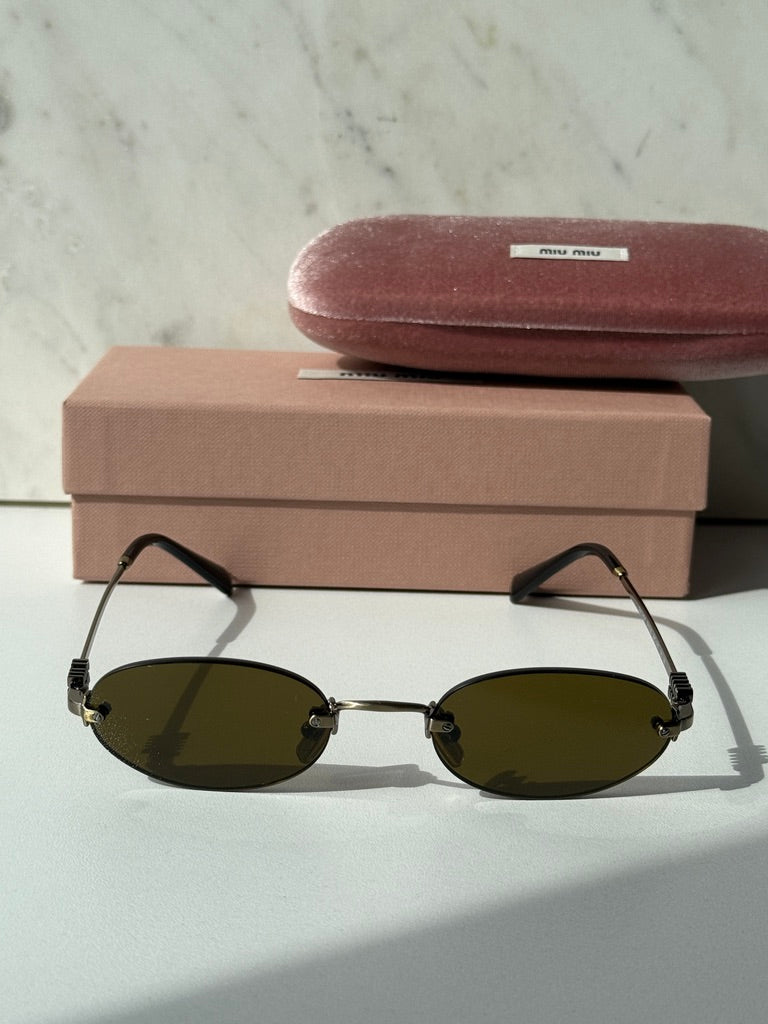 Miu Miu MU A54S Gold Brown Oval Rimless Sunglasses